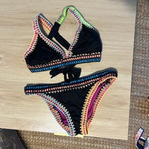 Reversable Crochet-Trim Two-Piece Bikini with Multi-Color Accents
